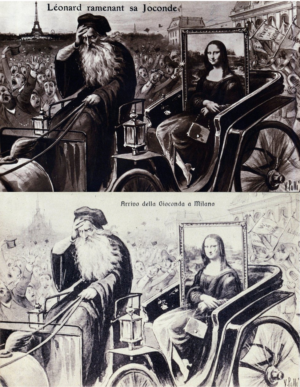 Representation av Leonard de Vinci (Leonardo da Vinci) (1452-1519) som återförde hans verk "" The Mona Lisa"" (Mona Lisa, Monna Lisa) efter stölden av verket av Vincenzo Peruggia (1881-1925) som ägde rum den 21/08/1911. Komedivykort av Anonymous Anonymous