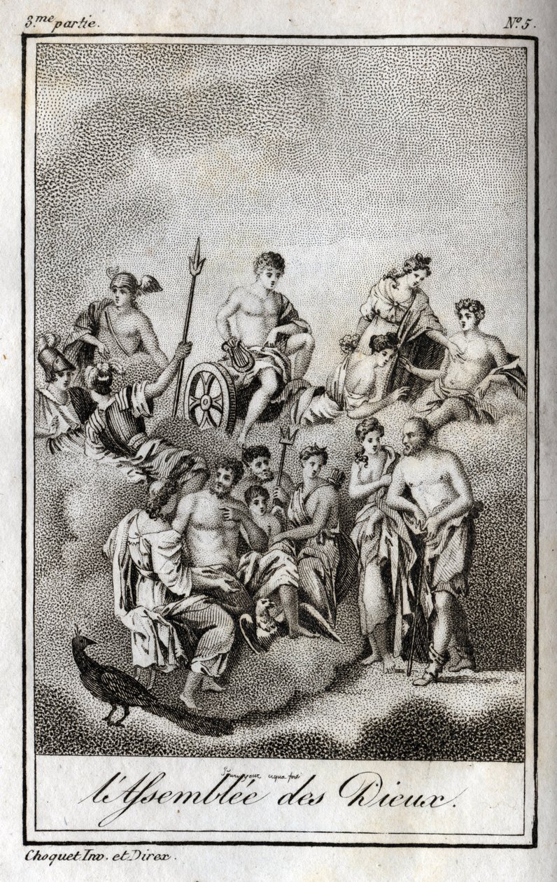 Representation av gudarnas församling på berget Olympen eller tolv olympier. Gravyr från 1819 i "Lettres a Emilie sur la mythologie" av Charles Albert Demoustier (1760-1801). Privat samling. av Anonymous Anonymous