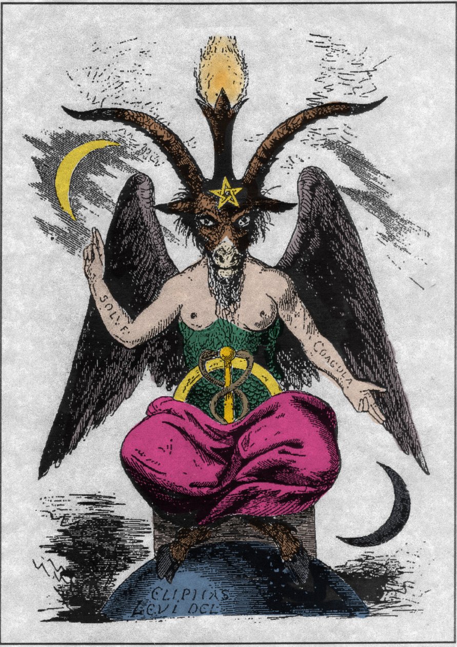 Representation av Baphomet: ett monster med ett gethuvud och en kvinnas kropp med alkemiska citat på armarna "lösa" och "koagula", en lövfällande mellan benen och ett pentagram på pannan. Eliphas Levis djävul (Alphonse Louis (Alphonse Lo av Anonymous Anonymous