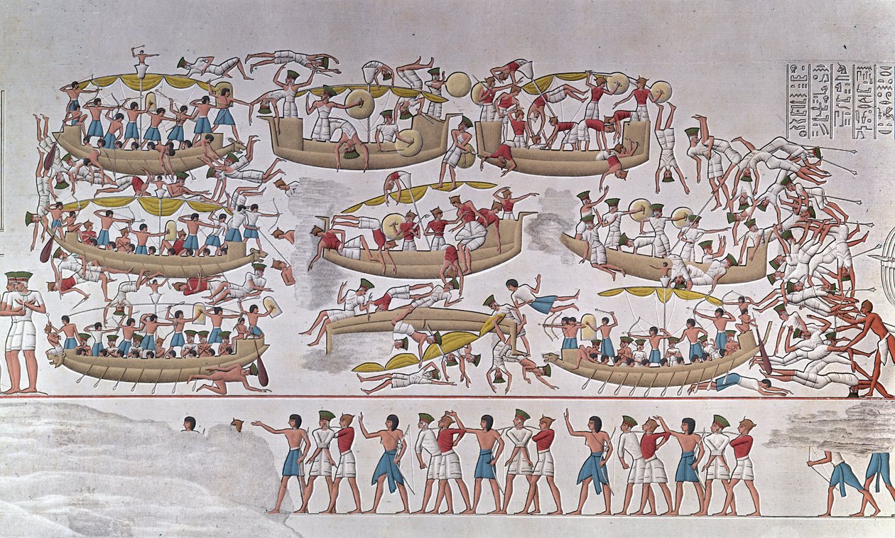 Representation of the Battle of the Nile Delta between Armees of Ramses III and the Peoples of the Sea” Från en relief till begravningstemplet i Medinet Habou, Egypten av Anonymous Anonymous