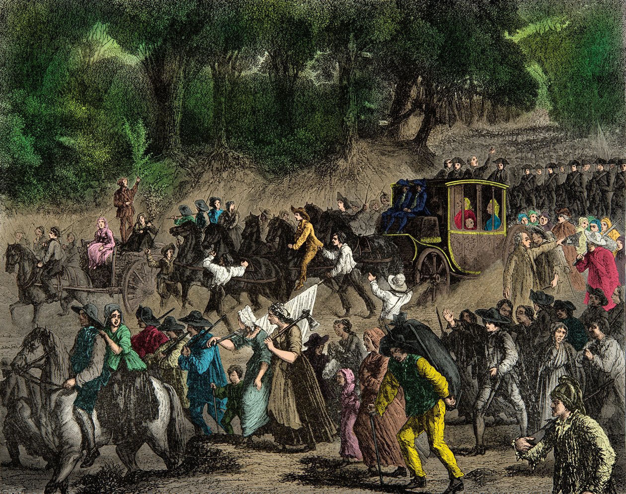 Kungafamiljens återkomst till Paris efter hans flykt till Varennes 1791, Gravyr, Privat samling av Anonymous Anonymous