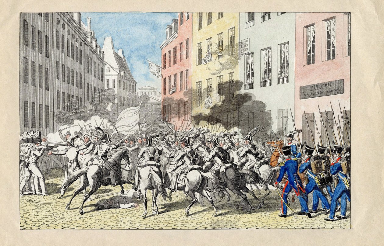 Revolution de Juillet 1830 a Paris (Julirevolutionen 1830) Anonym gravyr och akvarell 1830 Dim 25,7x40,3 cm Privat samling av Anonymous Anonymous