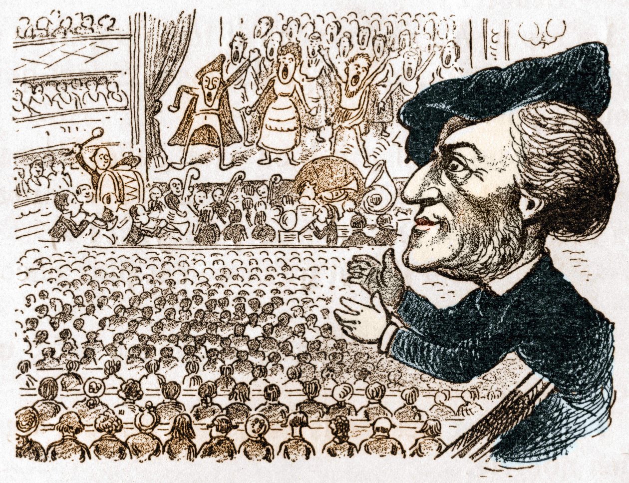 Richard Wagner anställer hundratals sångare, musiker, miljontals människor hyr sittplatser och han är den ende som applåderar. Tecknad film om den tyske kompositören Richard Wagner (1813 - 1883) från Les moreurs et la caricature en allemand av J. Grand-Car av Anonymous Anonymous
