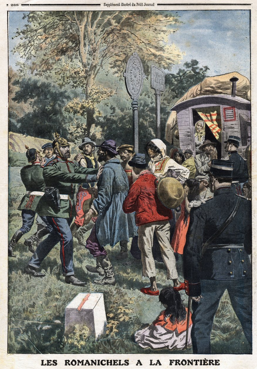 Romanichels på gränsen: de franska gendarmerna förvisar nomadfamiljer till den tyska gränsen eller tyska gendarmer hindrar dem från att tränga in i deras land. Gravyr i "" Le Petite Journal"", den 8/09/1912. Privat samling. av Anonymous Anonymous