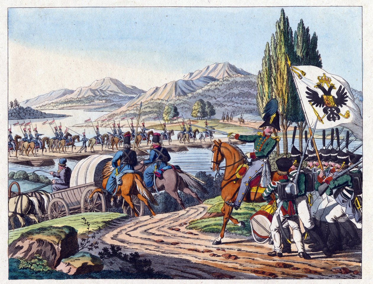 Rysk armé korsar floden Pruth in i Moldavien i maj 1828 - Anonym - 1829 - Etsning, akvarell - 37,9x24,4 - Privat samling av Anonymous Anonymous