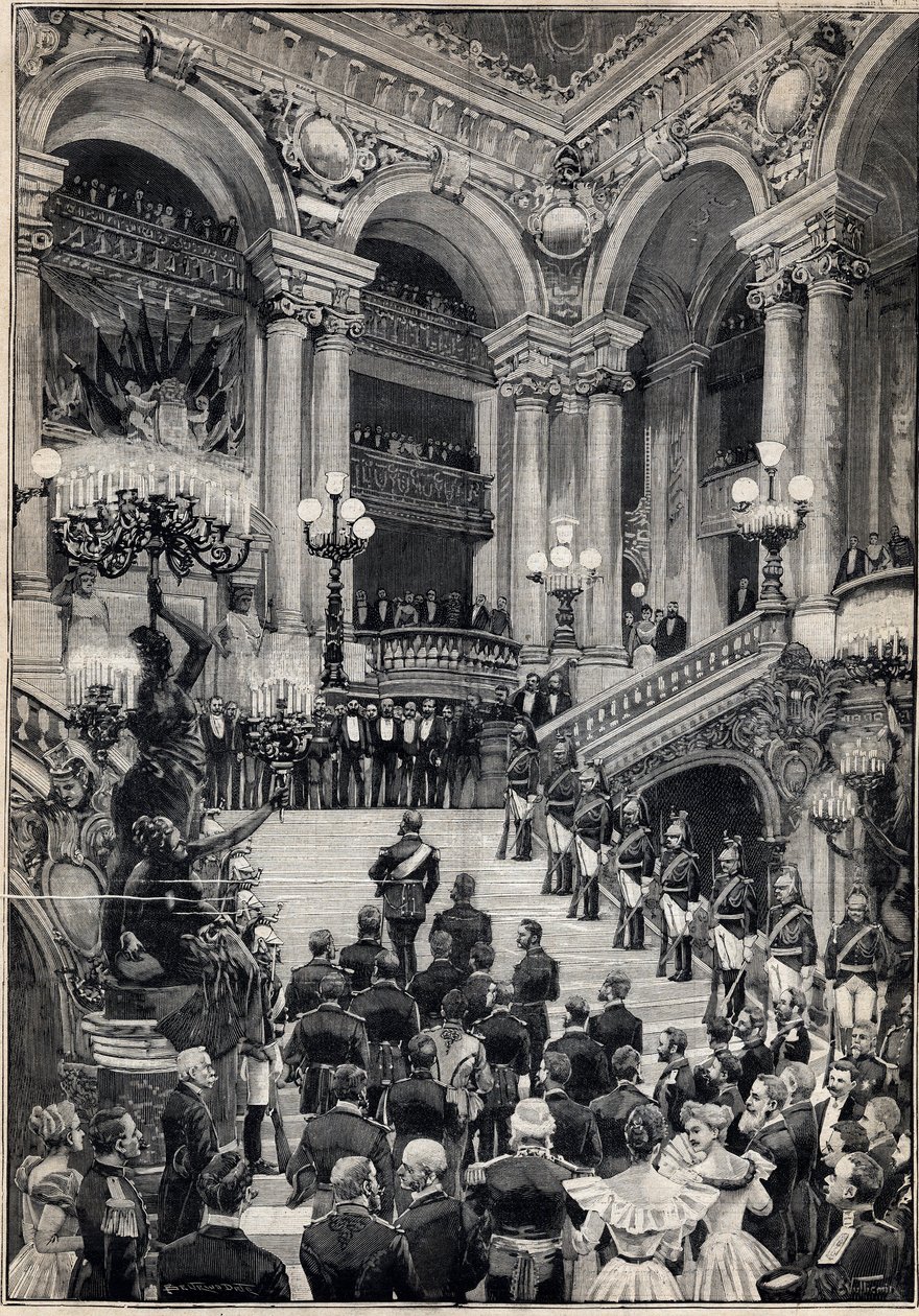 Ryska sjömän klättrar upp för den stora trappan under en galakväll på Opera Garnier i Paris. Gravyr i "" Le Petit Parisien"" den 29/10/1893. av Anonymous Anonymous