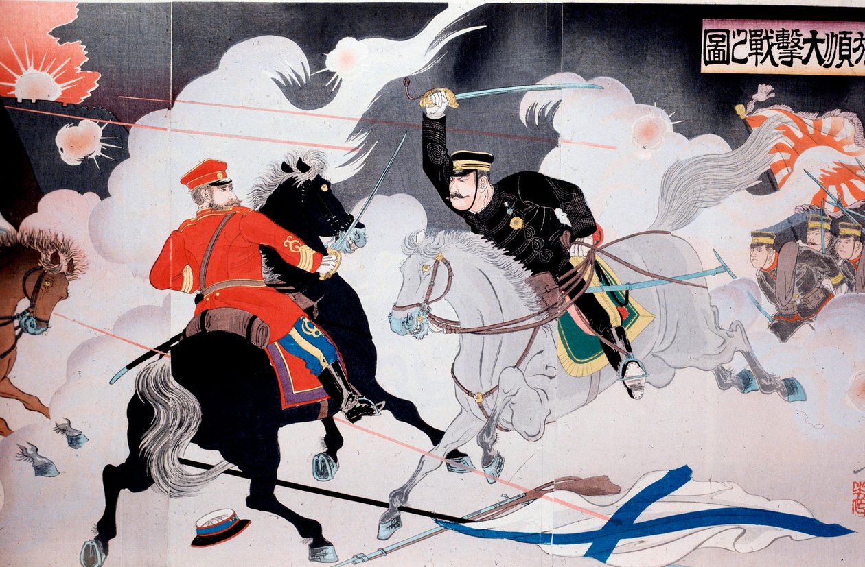 Rysk-japanska kriget (1904-1905) Japanskt tryck som visar slaget mellan två ryttare. Början av 1900-talets privata samling av Anonymous Anonymous
