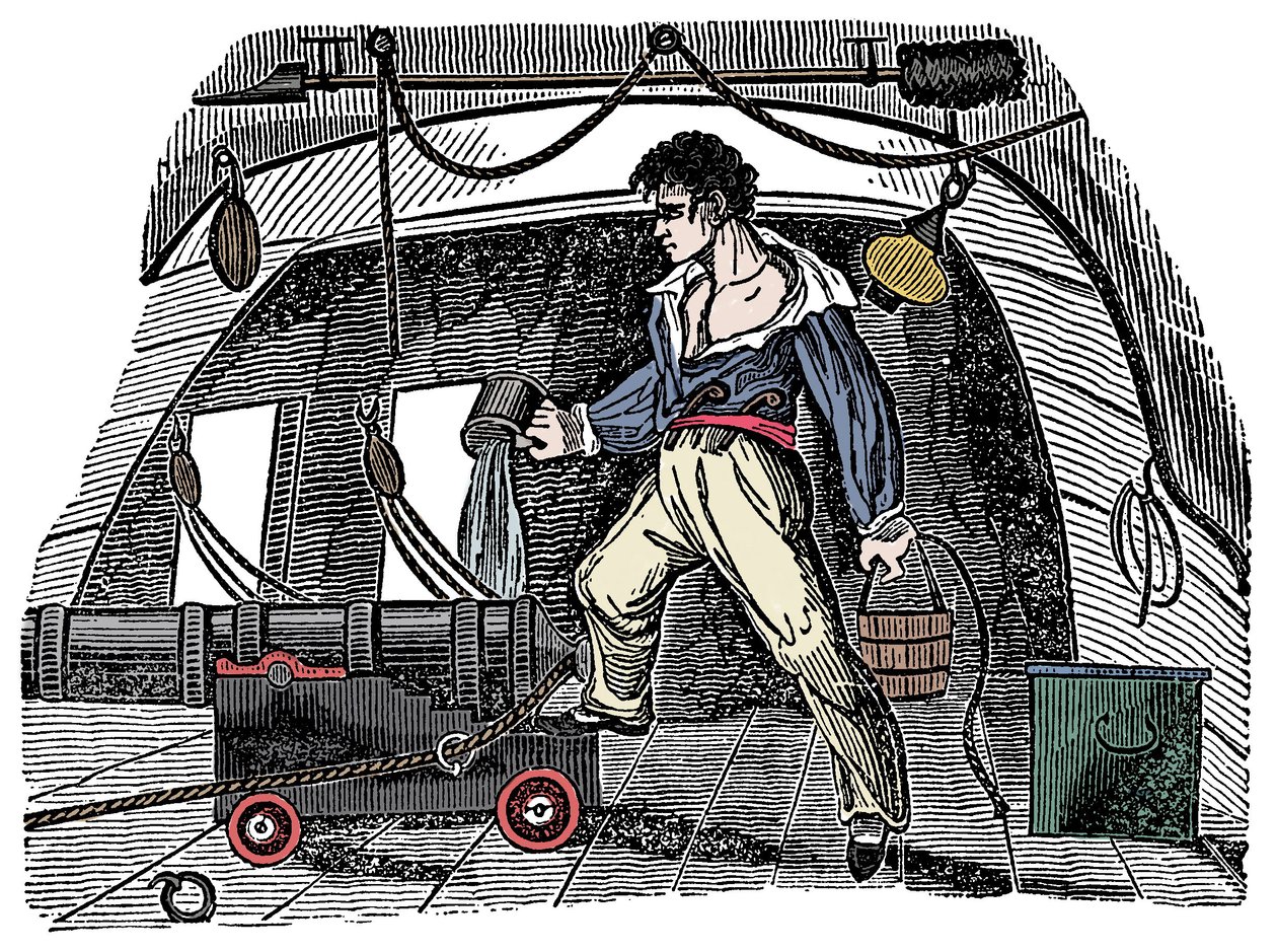 Sabotage: En sjöman som kastar vatten på krut Gravyr från Charles Ellms "The Pirates Own Book" av Anonymous Anonymous