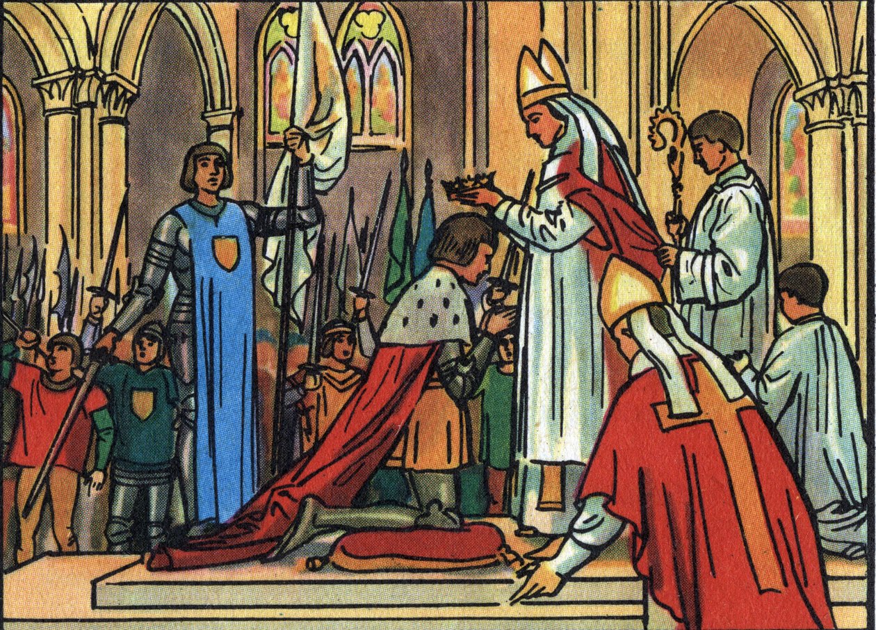 Helige kung Karl VII (1422-1461) av arkeveken i Reims den 17/07/1429 i närvaro av Jeanne d