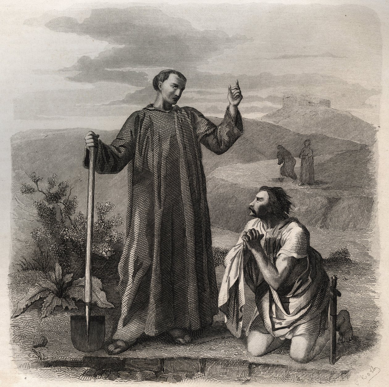 Saint Benedict of Nursia välkomnar Totila (600-talet) kung av östgoterna. Gravyr från 1846 i "" Lives of the saints"". Privat samling. av Anonymous Anonymous