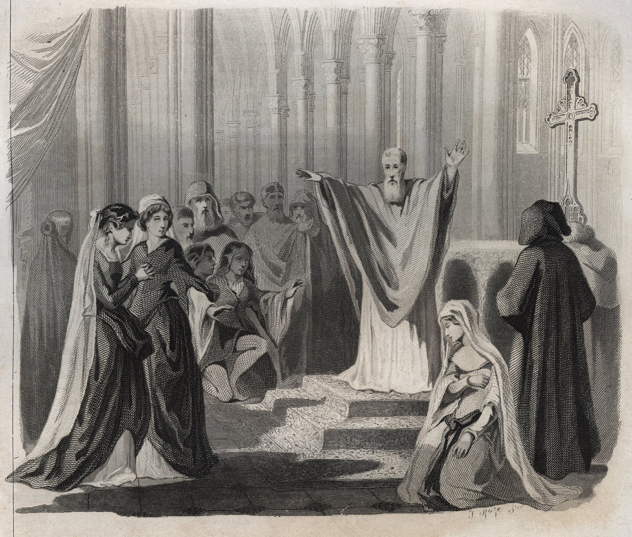 Saint Dunstan (ca 909-988), eveque av Canterbury, benediktinare och reformator av klosterlivet i England, tillkännager sin förestående död för folket. Gravyr från 1846 i "" Lives of the saints"". Privat samling. av Anonymous Anonymous