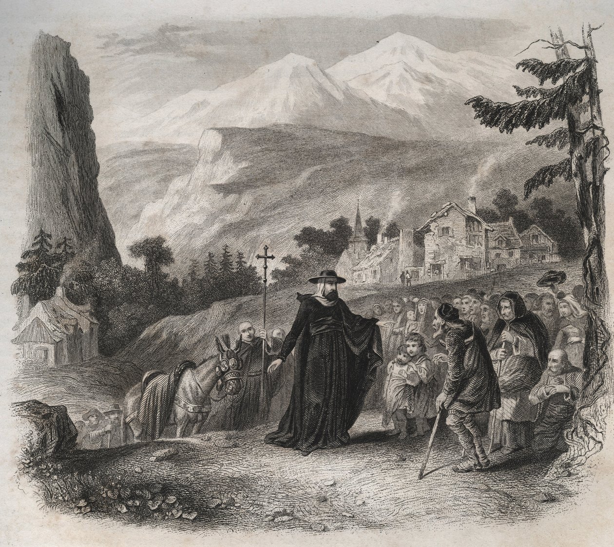 Saint Francois-de-Sales (Saint Francois de Sales) (1567-1622), eveque i Genève på ett pastoralt besök. Gravyr från 1846 i "" Lives of the saints"". Privat samling. av Anonymous Anonymous