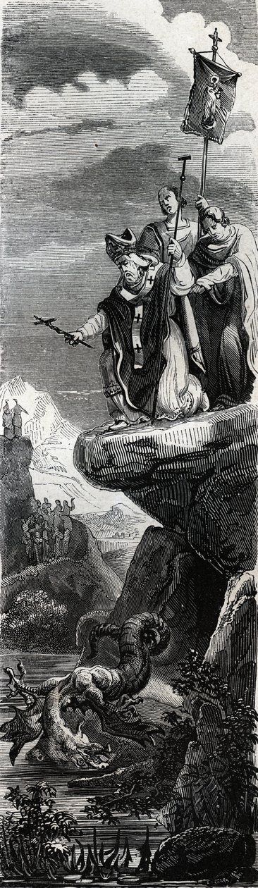 Saint Front (första evangelisatorn av Perigord) (3:e århundradet) fäller ut draken i Dordogne - Gravyr från 1846 i "" Lives of the saints""". Privat samling. av Anonymous Anonymous