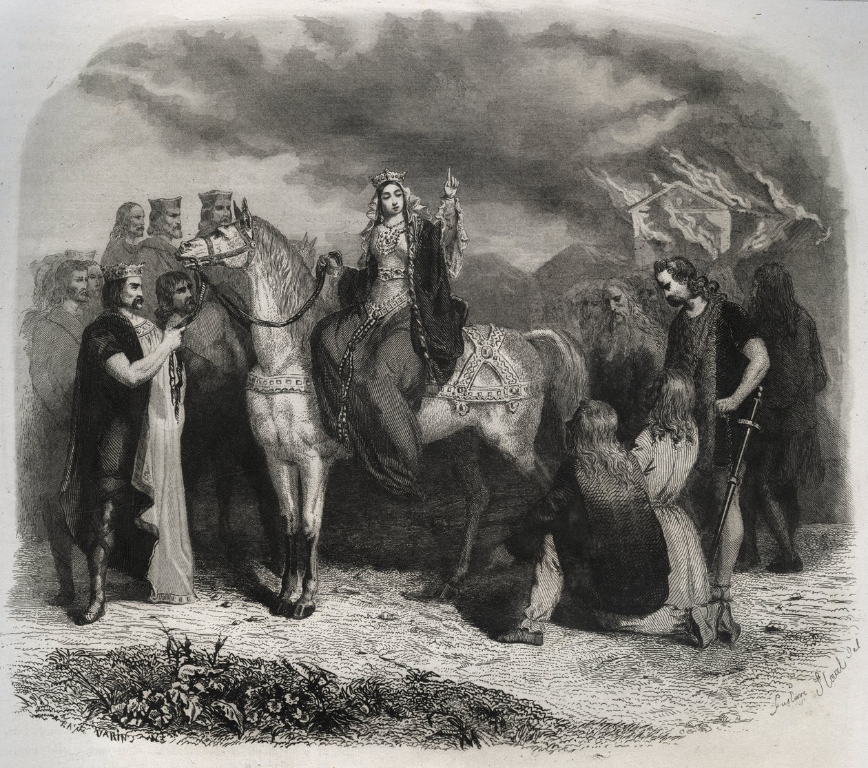 Saint Radegonde (Radegonde de Poitiers, 519-587) brände ett Paian-tempel och omvandlade gallerna till den kristna religionen. Gravyr från 1846 i "" Lives of the saints"". Privat samling. av Anonymous Anonymous