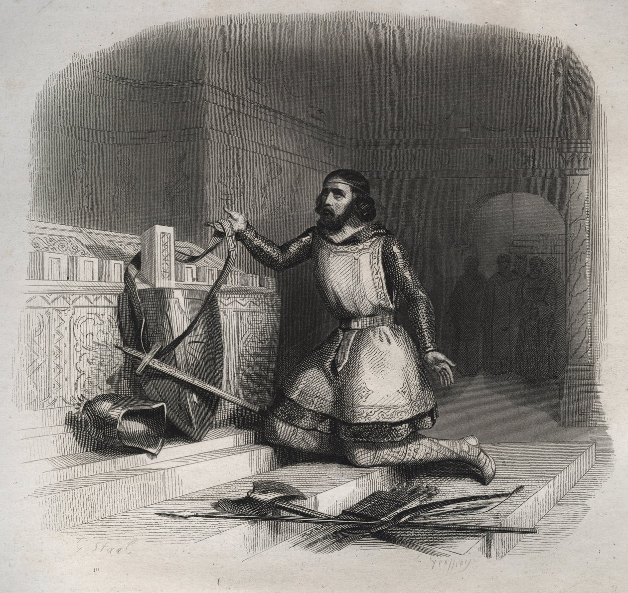 Den helige Vilhelm av Aquitaine (Guilhem av Gellone) (ca 750/755-812/815) placerar sina armar på Martyrens grav i Brioude. Gravyr från 1846 i "" Lives of the saints"". Privat samling. av Anonymous Anonymous