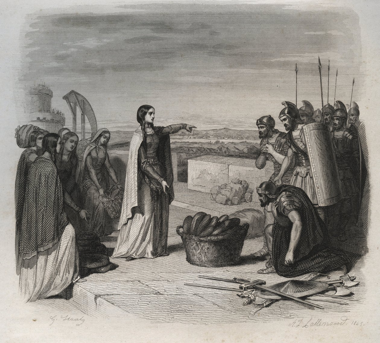Sainte Genevieve delade ut mat till folket under belägringen av Paris av hunnernas armé av Attila år 451 (barbarinvasioner). Gravyr från 1846 i "" Lives of the saints"". Privat samling. av Anonymous Anonymous