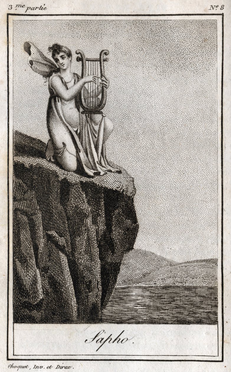Sapho (eller Sappho, 700-talet f.Kr.), grekisk poet från antiken. Gravyr från 1819 i "Lettres a Emilie sur la mythologie" av Charles Albert Demoustier (1760-1801). Privat samling. av Anonymous Anonymous
