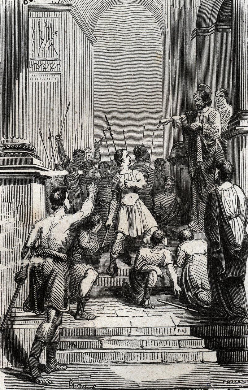 Saturnin av Toulouse (Saint Sernin, första kristna eveque av Toulouse) (3:e århundradet) stannade vid huvudstaden i Toulouse - Gravyr från 1846 i "Lives des saints"". Privat samling. av Anonymous Anonymous