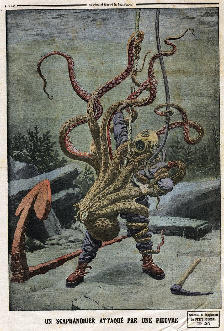 Scaphandler attackerad av en bläckfisk. Gravyr i "" Le petit Journal"", den 16/06/1912. Privat samling. av Anonymous Anonymous