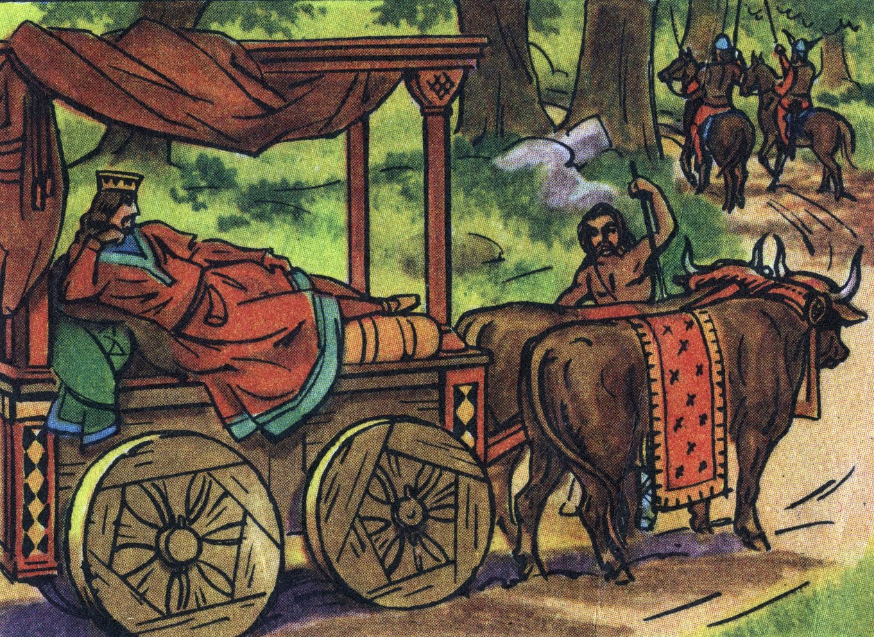 Scen som föreställer de lata kungarna: Kungen av Frankrike Thierry III (673-691) bär i en tank med en säng dragen av oxar. Anonym illustration i "" Collection des souverains et chefs d
