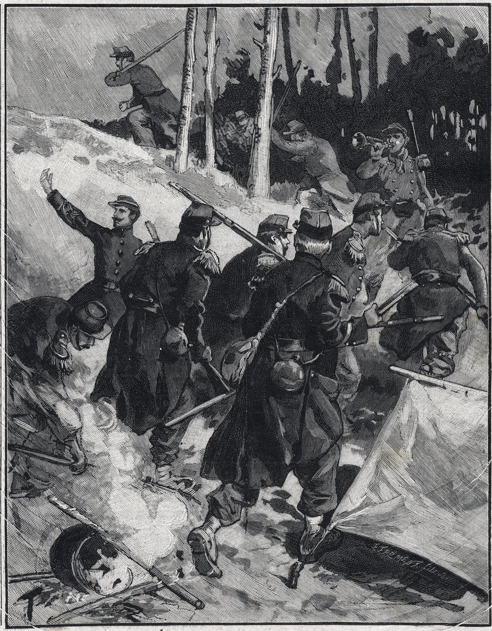 Scen i romanen av Emile Zola (1840-1902) "The Debacle"". Gravyr i "" Le petit parisien"" den 28/02/1892. Privat samling av Anonymous Anonymous