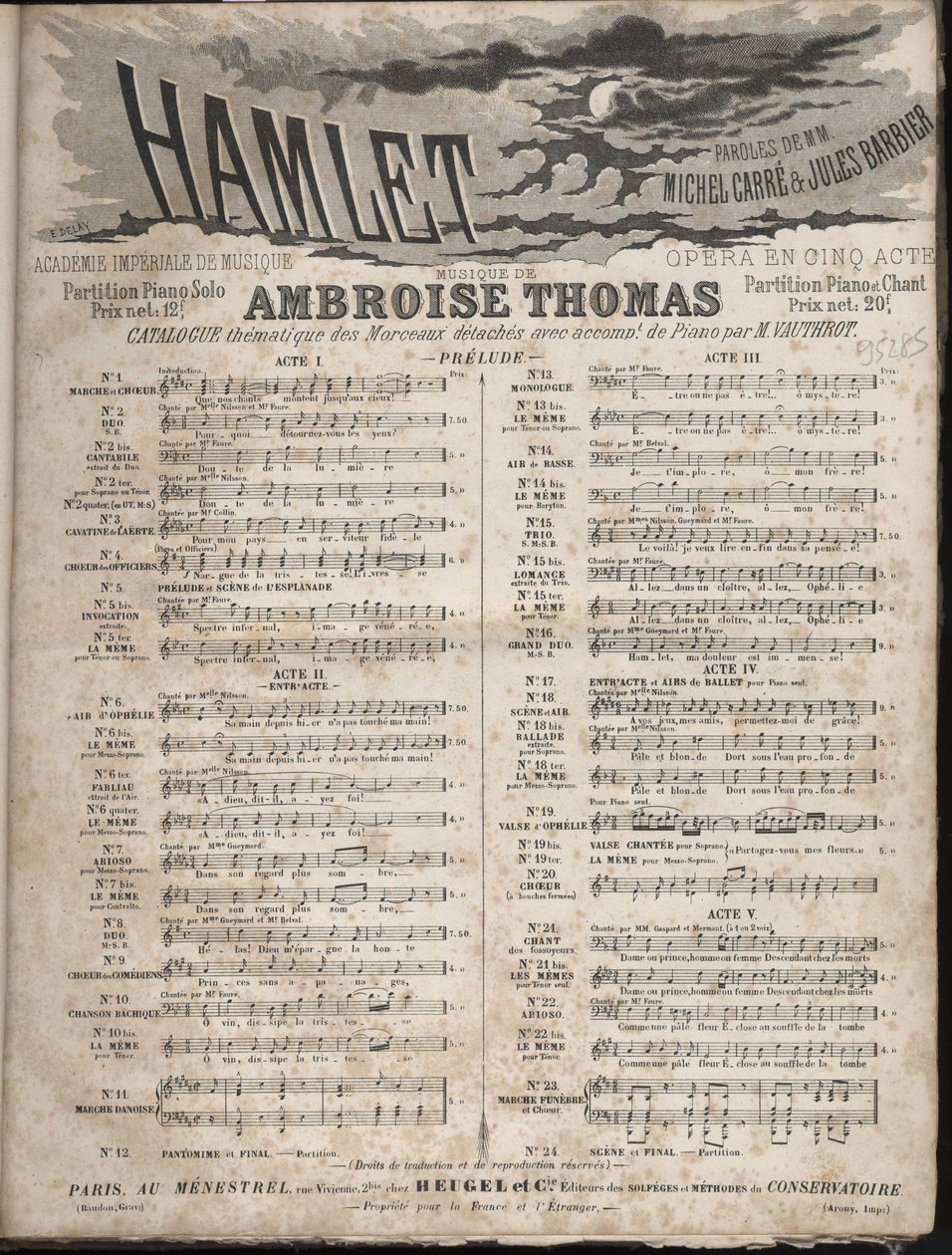 Partitur av "" HAMLET"" Opera av Ambroise Thomas i fem akter på ett libretto av Jules Barbier & Michel CarreCollection privat. av Anonymous Anonymous