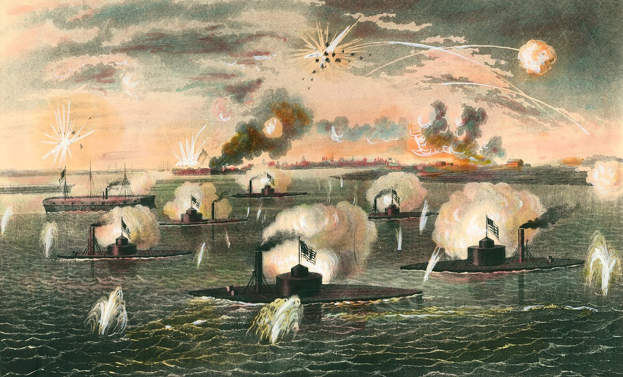 Secession War (1861-1865): "" Attack av flytande batterier slagskepp under Secession War"" Gravyr omkring 1865. Privat samling av Anonymous Anonymous