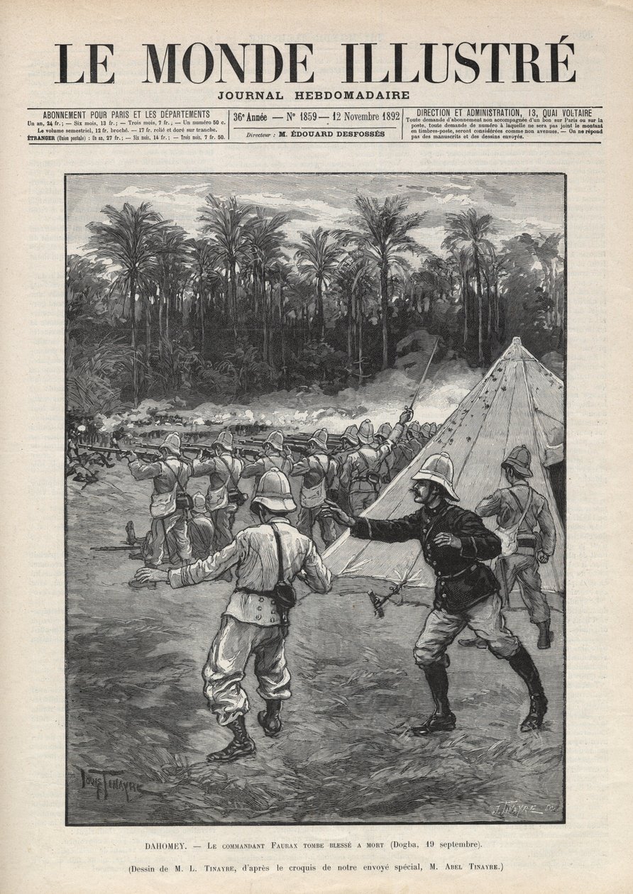 Andra Dahomey-kriget (1892-1894): den franske befälhavaren Faurax död under slaget vid Dogba den 19 september 1892 i Dahomey (nu Benin). En tidning. Gravyr i "Le monde illustree" från 1892. Privat samling. av Anonymous Anonymous
