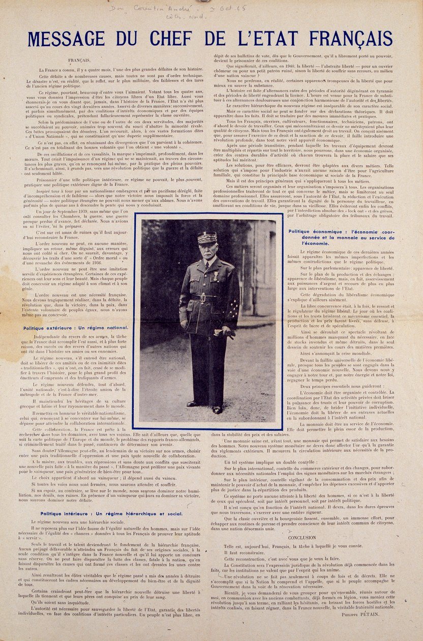 Andra världskriget och Vichyregimen: meddelande från den franske statschefen Philippe Petain publicerat efter vapenstilleståndet undertecknat av Frankrike i juni 1940 och presenterar programmet för den nationella revolutionen hösten 1940. Privat samling av Anonymous Anonymous