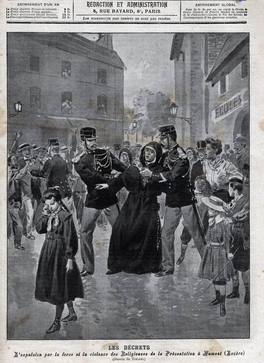 Separation från kyrka och stat - Utvisning av nunnor från sina skolor av brottsbekämpande myndigheter i Humont (Lozere) - omslag till "la-croix illustree" från 1902 - av Anonymous Anonymous