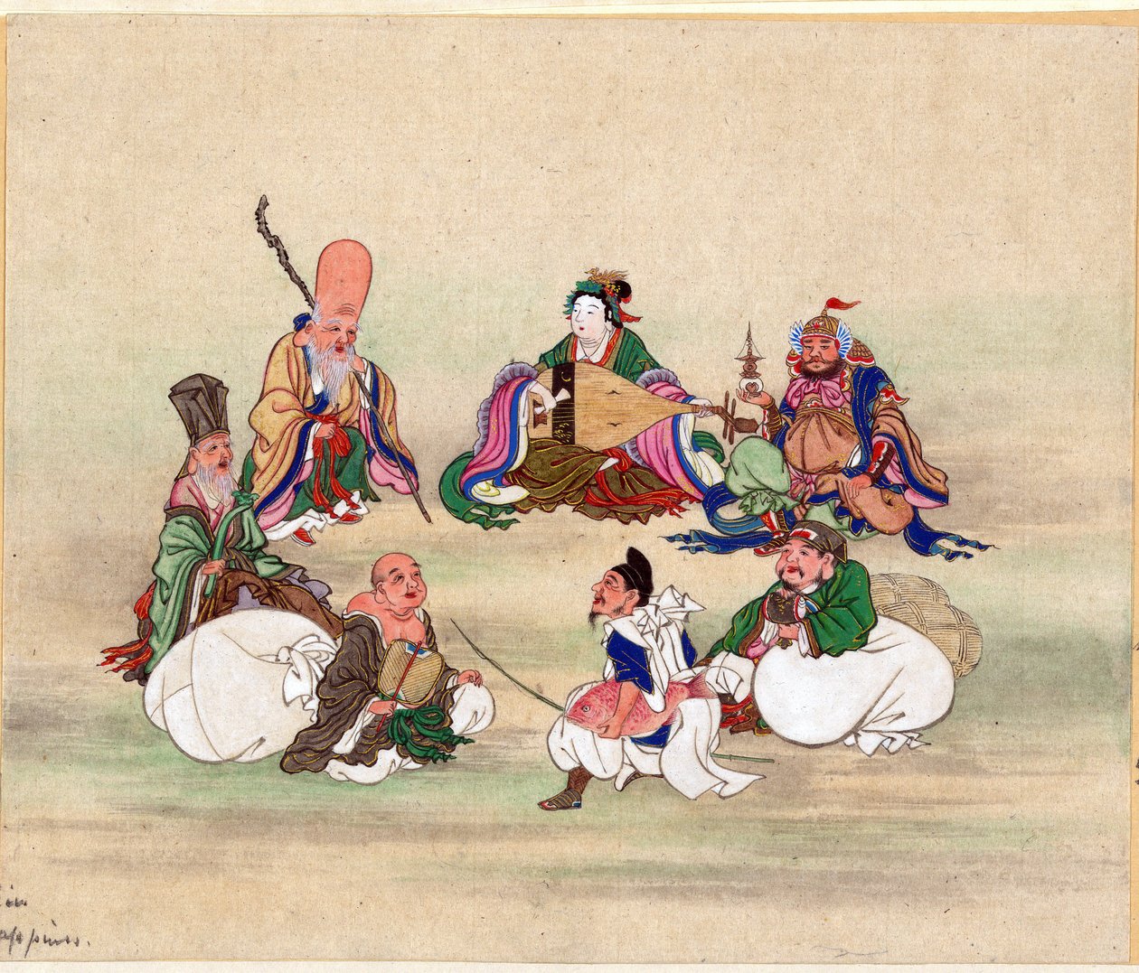 Sept Divinites du Bonheur - Seven Lucky Gods par Anonymous, ca 1878 - Akvarell och bläck på papper, 25x17,8 - Privat samling av Anonymous Anonymous