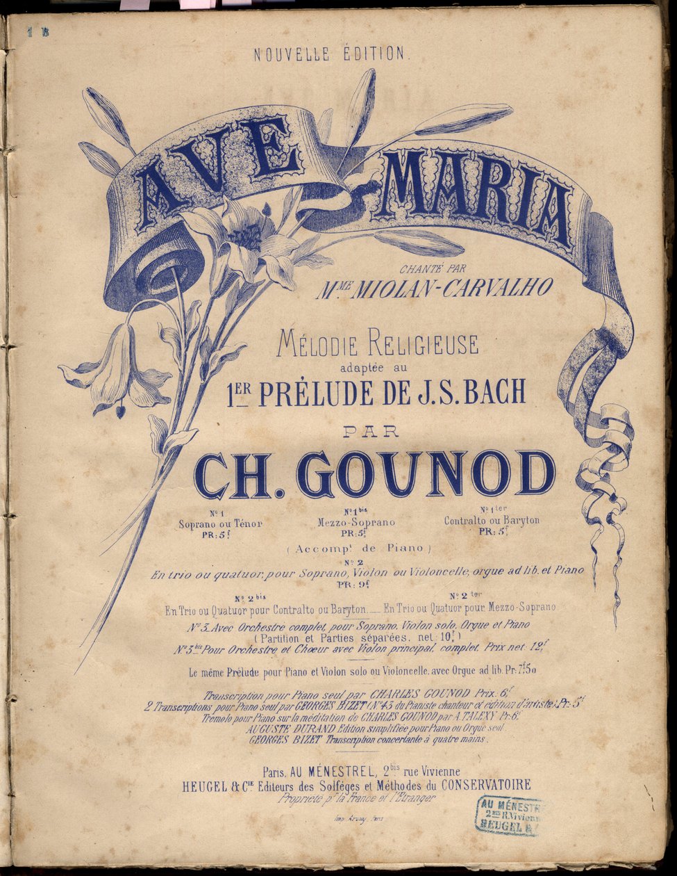 Noter till ”” Ave Maria””.Religiös melodi bearbetad Au 1er Prelude Av J.S. Bach. av Charles Gounod. Privat samling. av Anonymous Anonymous