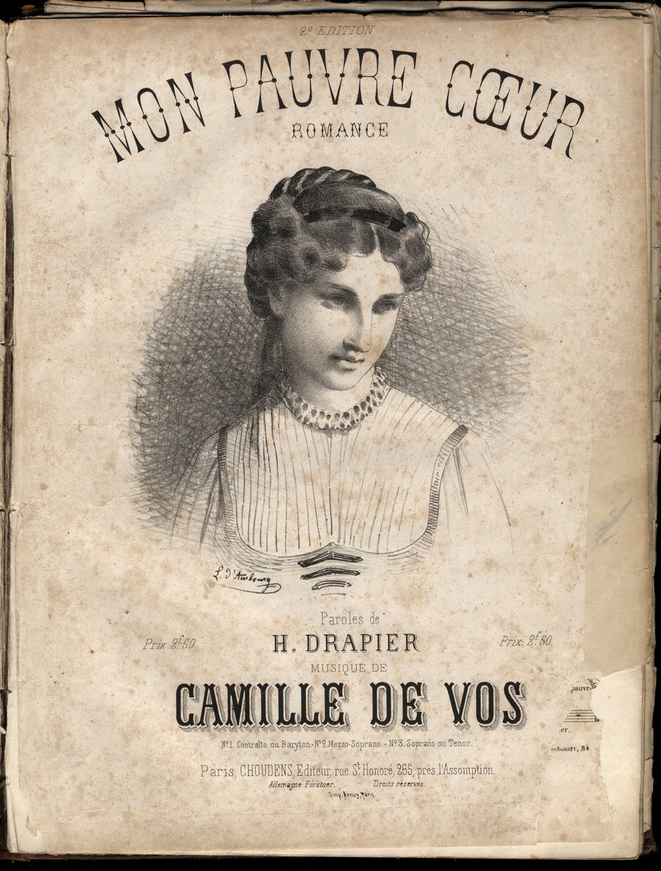 Noter till "" My poor heart "" texter av H. Drapier musik av Camille de Vos. Privat samling. av Anonymous Anonymous