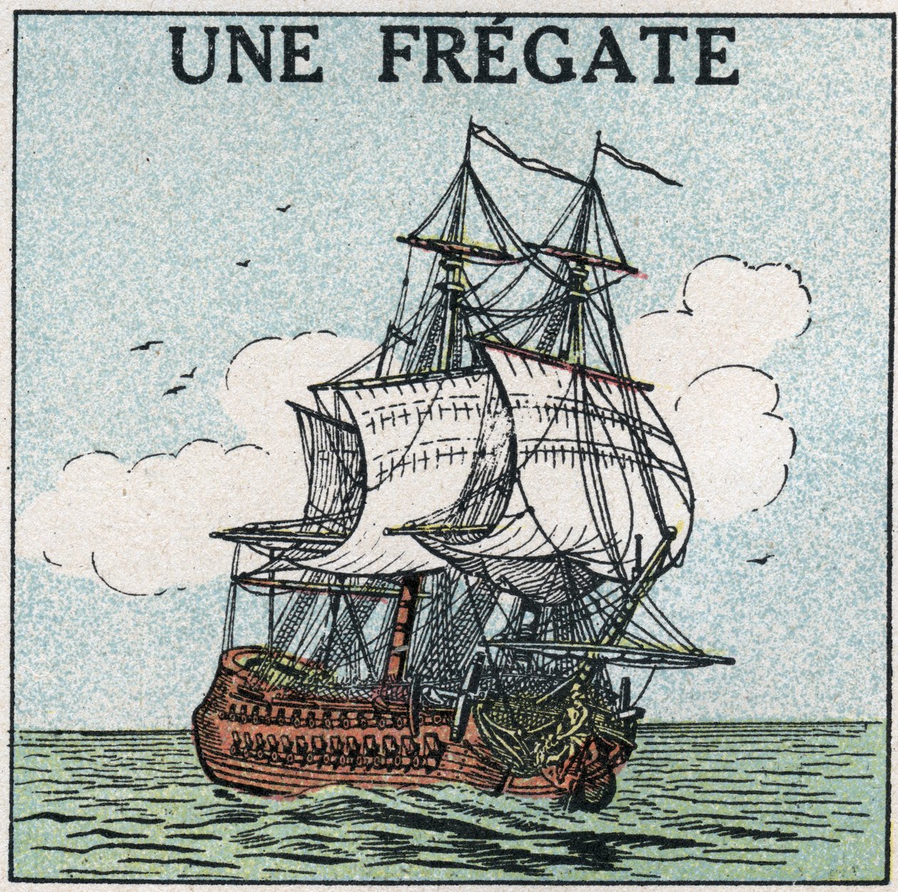 Skepp och skepp: en fregatt. Anonym illustration av 1925. Privat samling. av Anonymous Anonymous