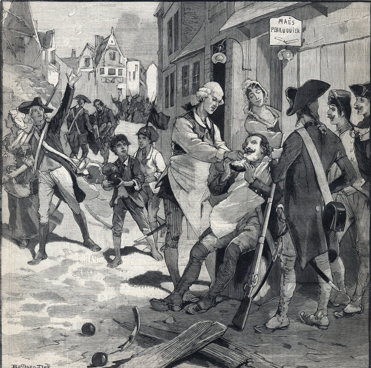 Belägringen av Lille 1792: Maes peruk använder en bombsprängare som skäggskål för att raka en klient. Gravyr i "" Le petit parisien"" 1892-10-16. Privat samling av Anonymous Anonymous