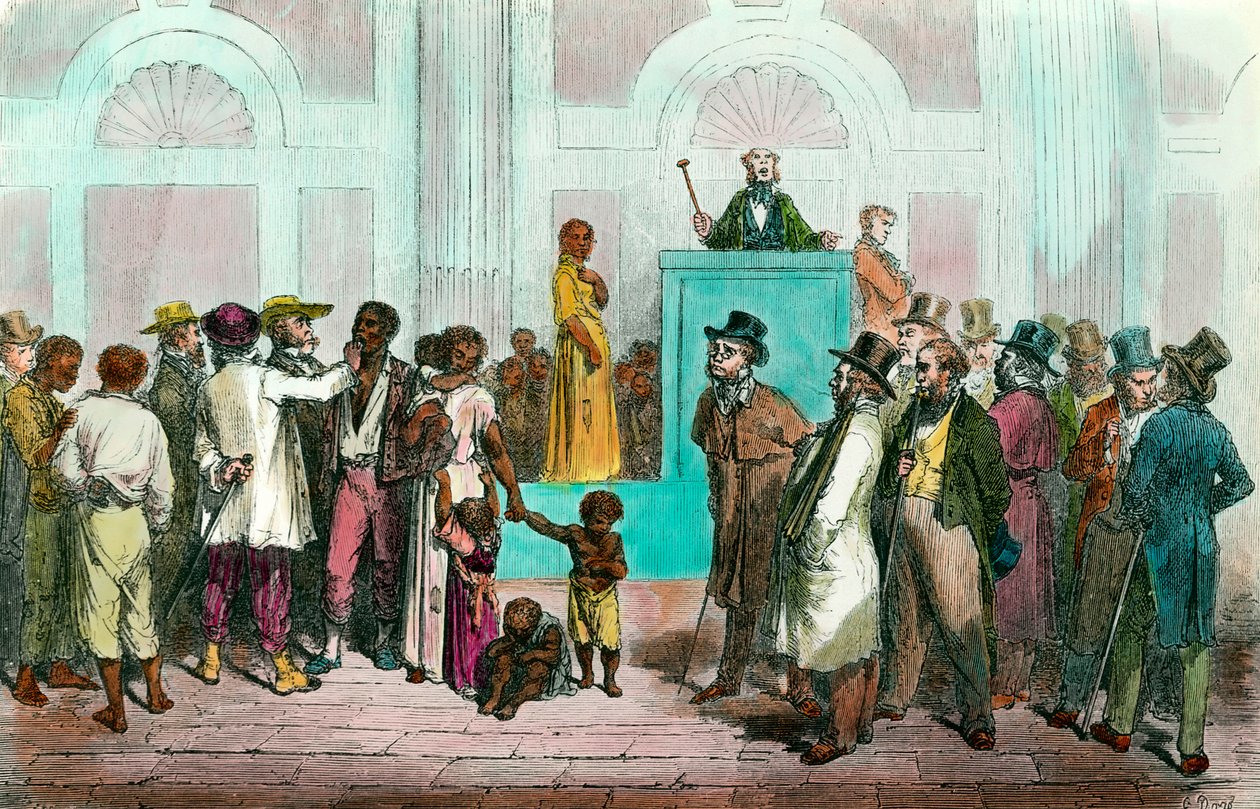 Slaveri: "" En försäljning av slavar i USA""" Gravyr från 1800-talet. Privat samling av Anonymous Anonymous