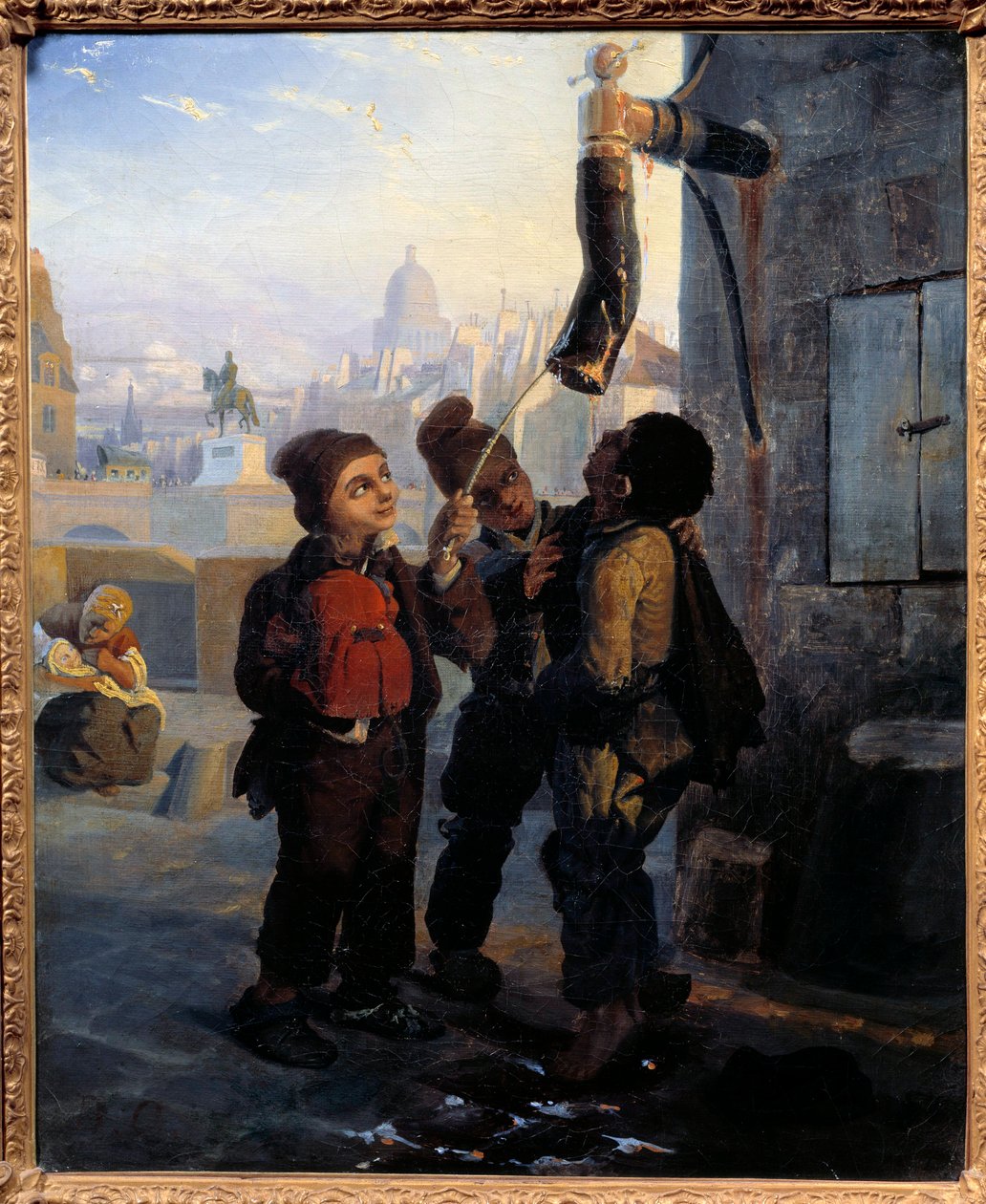 Liten skorstensskorsten förvrängd till vattnet i en pump på Quai du Louvren 1830 Anonym målning. 1830 Sön. 0,45x0,38 m av Anonymous Anonymous