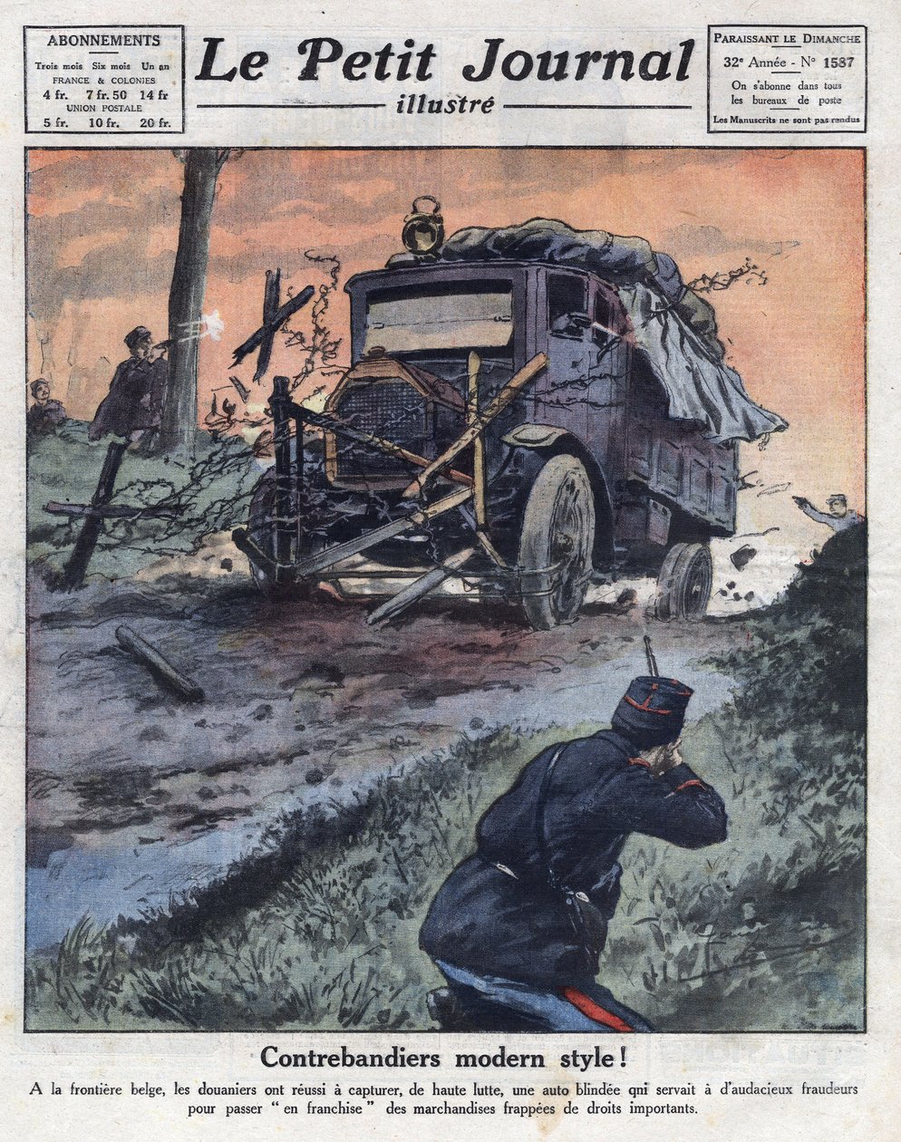 Smugglare ombord på en pansarbil lastad med tobakspaket korsade den belgiska gränsen med våld och neutraliserades av tulltjänstemän. Illustration hämtad från "" Le petit journal illustrious""" av 22/05/1921. Privat samling av Anonymous Anonymous