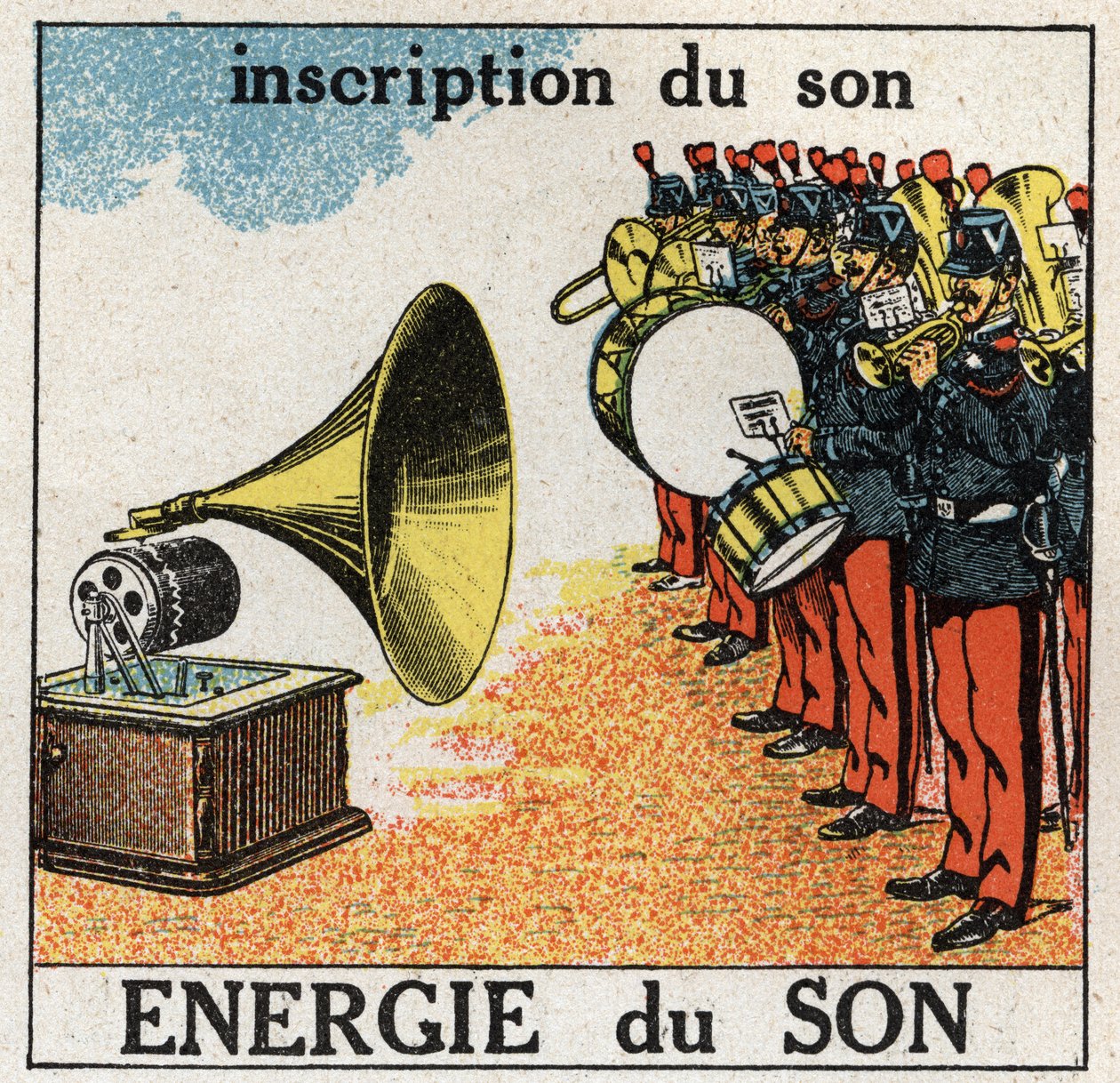 Ljudenergi: spela in musiken från ett militärband med en grammofon. Anonym illustration från 1925. Privat samling. av Anonymous Anonymous