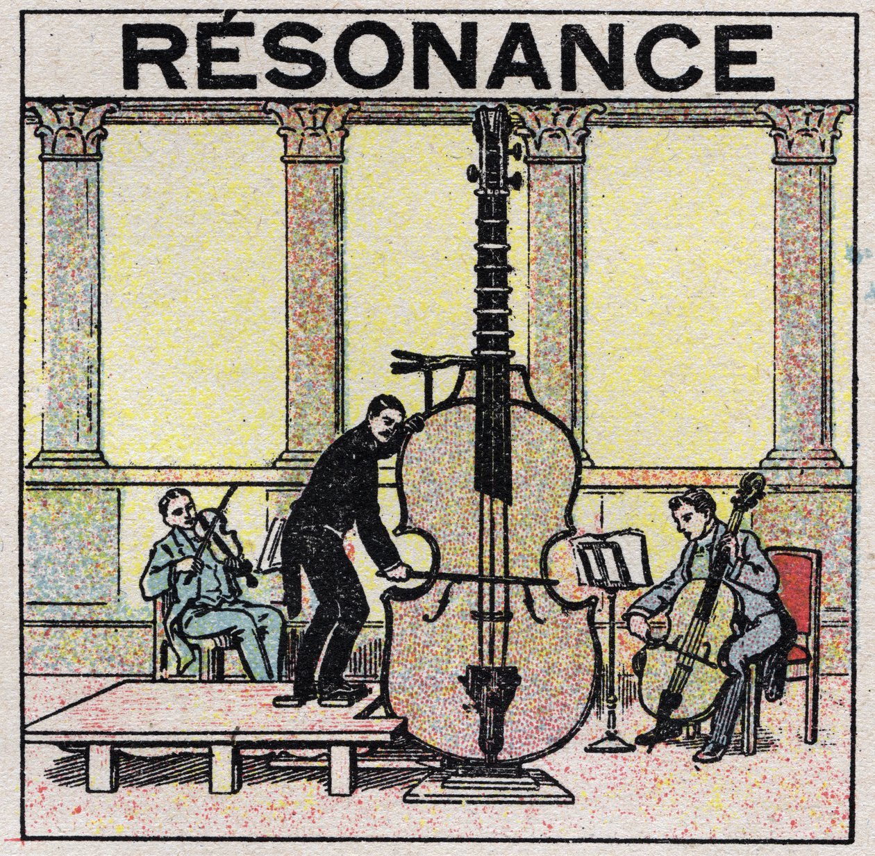 Ljudenergi: resonans som används vid etablering av musikinstrument. Anonym illustration från 1925. Privat samling. av Anonymous Anonymous