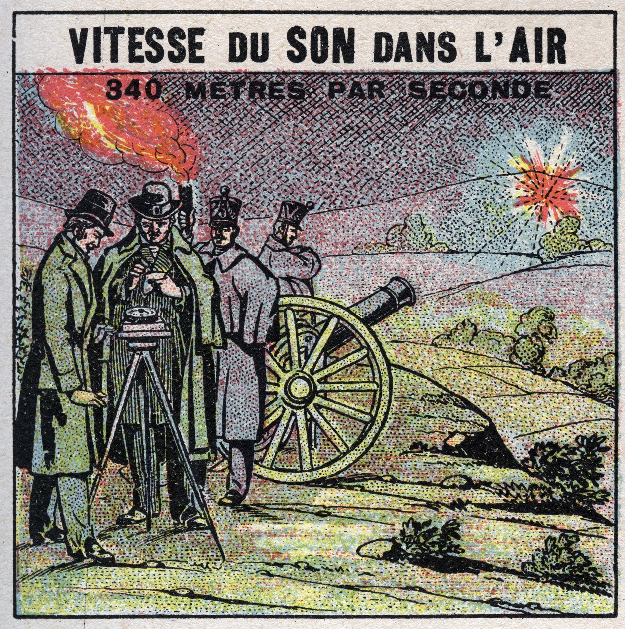 Ljudenergi: ljudets hastighet i luften. Erfarenhet från 1822 av Louis-Joseph Gay-Lussac (Louis Joseph Gay Lussac) (1778-1850) och Francois Arago (1786-1853) som avlossade en serie kanonskott mellan Montlhery och Villejuif. Anonym illustration från 1925 av Anonymous Anonymous