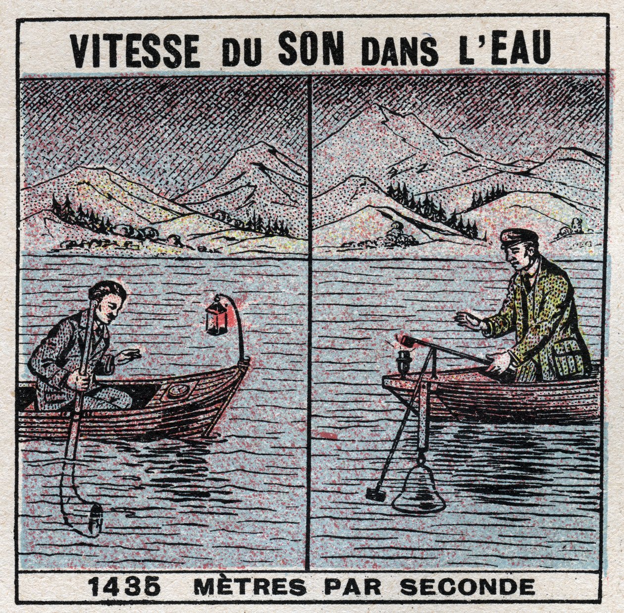Ljudenergi: ljudets hastighet i vatten. Erfarenhet från 1826-1827 av Jean Daniel (Jean-Daniel) Colladon (1802-1893) och Charles Francois Sturm (1803-1855) vid Genèvesjön (Lemansjön). Två båtar förtöjda 14 km från varandra, en av båtarna stödde en klocka, e av Anonymous Anonymous