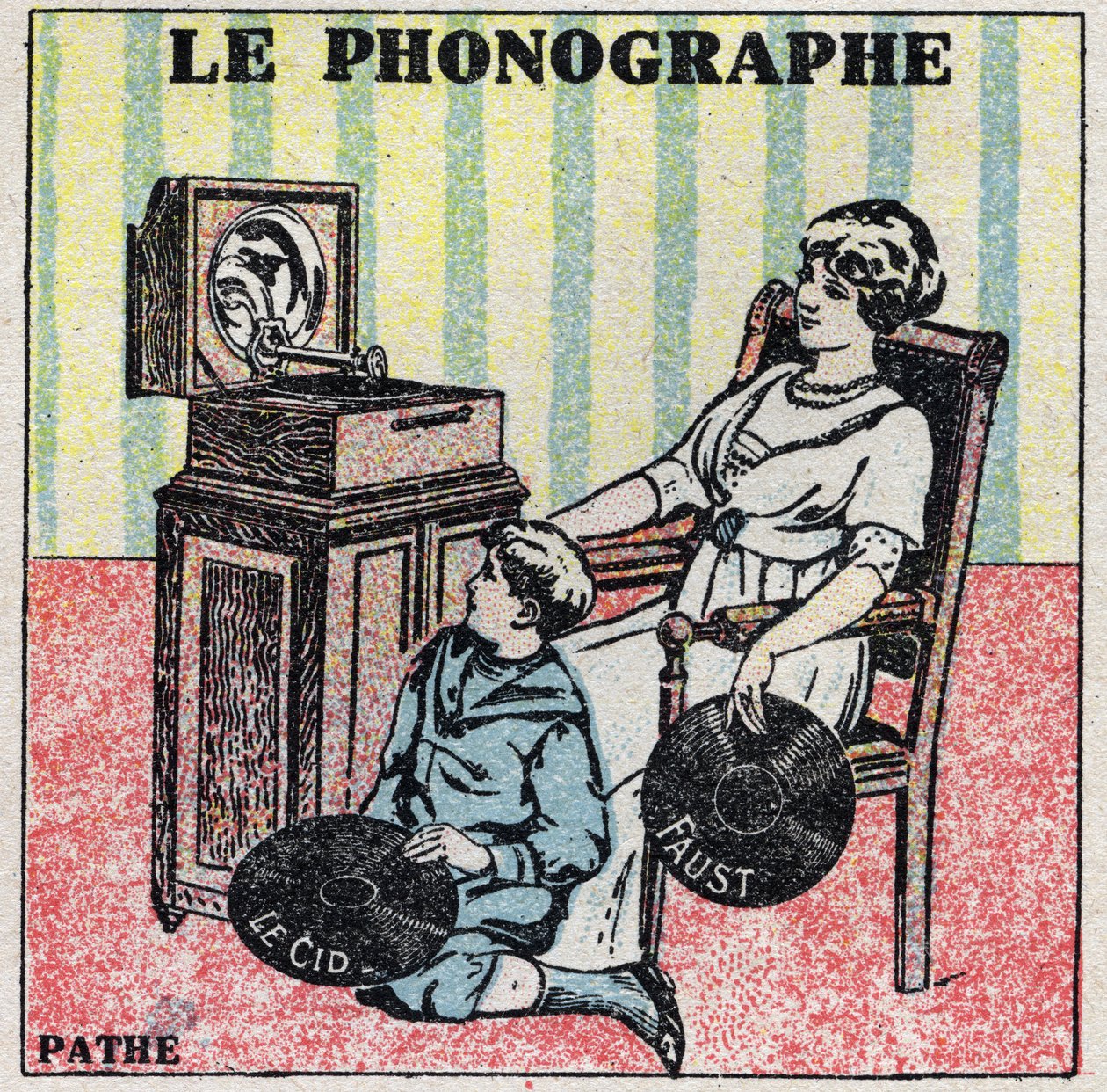 Ljudenergi: fonografen. En mamma och hennes son lyssnar på en skiva på en Pathe-fonograf. Anonym illustration från 1925. Privat samling. av Anonymous Anonymous