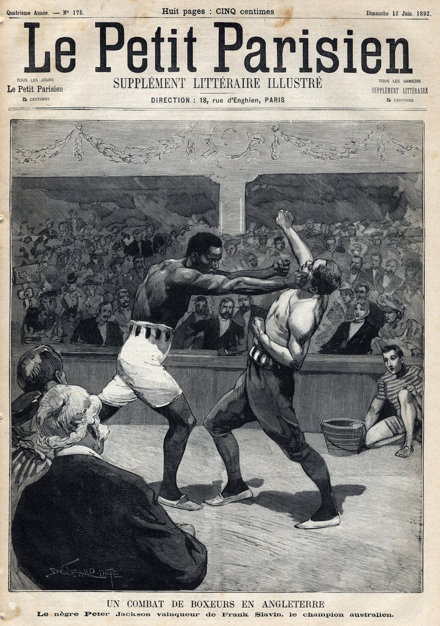 Sport, boxning: En boxarkamp i England mellan Peter Jackson och australiensiska mästaren Frank Slavin. Gravyr. En av tidningen "" Le petit parisien"" den 12/06/1892. Privat samling av Anonymous Anonymous