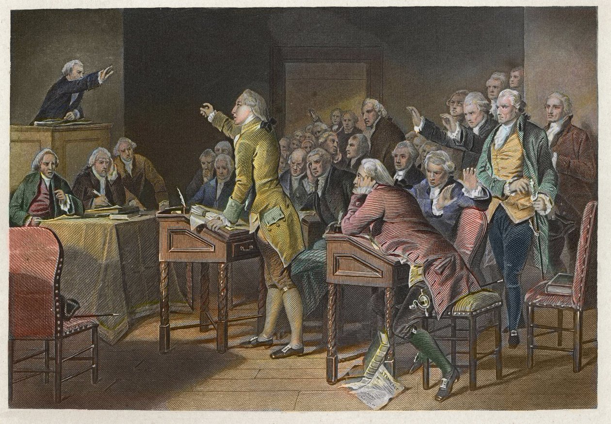Stamp Act (Duties in American Colonies Act) - Den amerikanske revolutionsledaren Patrick Henry (1736-1799) uttalade sig mot stämpellagen i Virginia House of Burgesses 1765 - Tal av Patrick Henry mot Stamp Act 1765 inför House of av Anonymous Anonymous
