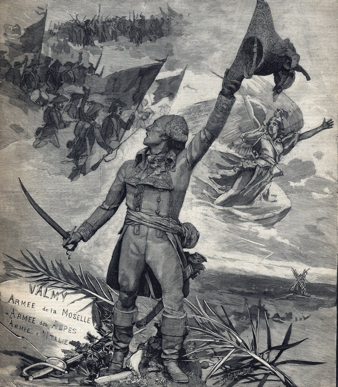 Staty av general Francois Christophe Kellerman (1735-1820) Fransk general, vinnare av slaget vid Valmy (20 september 1792): ”Leve nationen! "". Gravyr i "" Le petit parisien"" den 14/09/1892. Privat samling av Anonymous Anonymous
