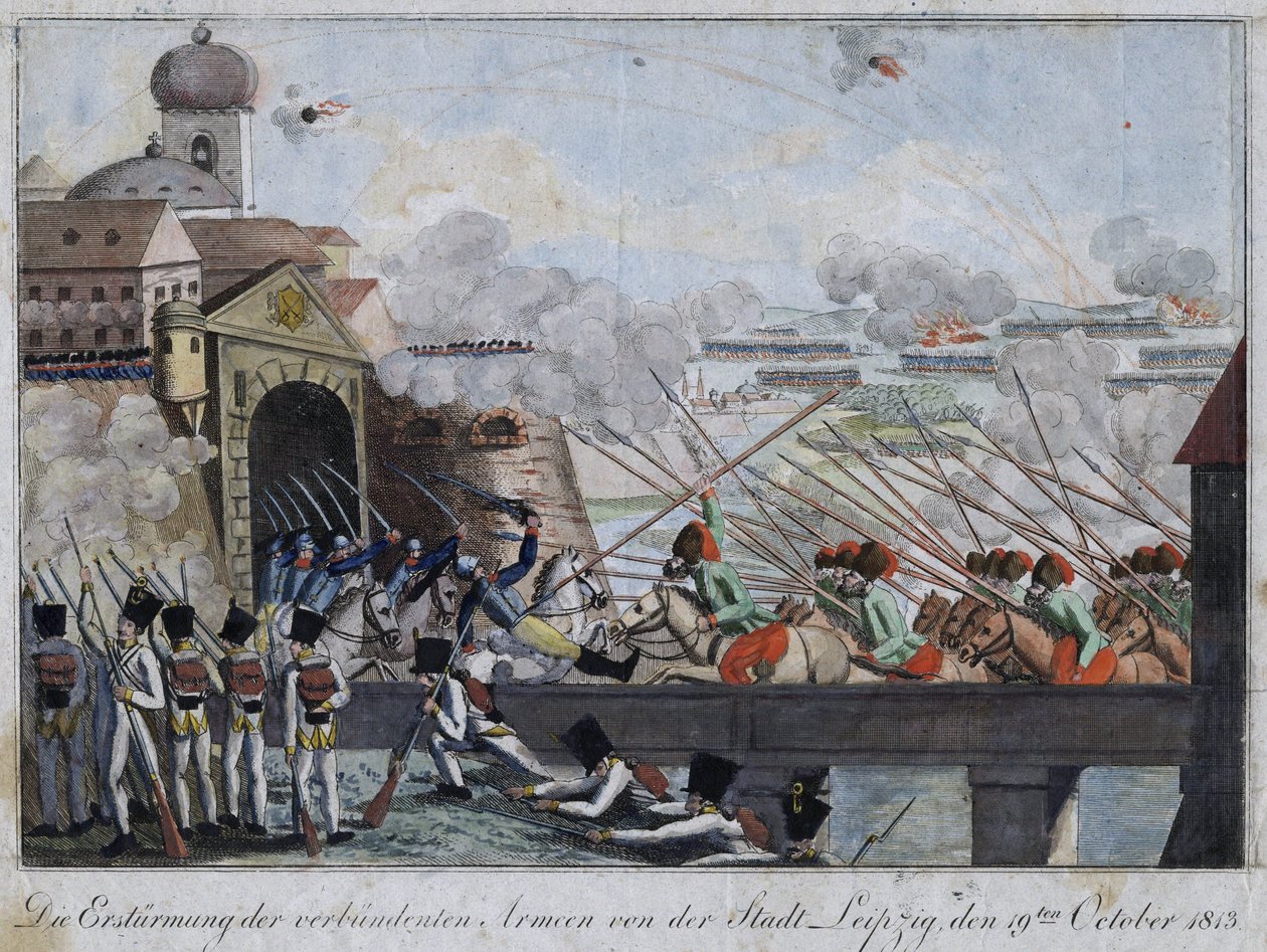 Stormning av staden Leipzig av de allierade trupperna - bataille de Leipzig ou bataille des nations (16-19 oktober 1813) - Anonym - 1813 - Etsning, akvarell - 33,3x27 - Privat samling av Anonymous Anonymous