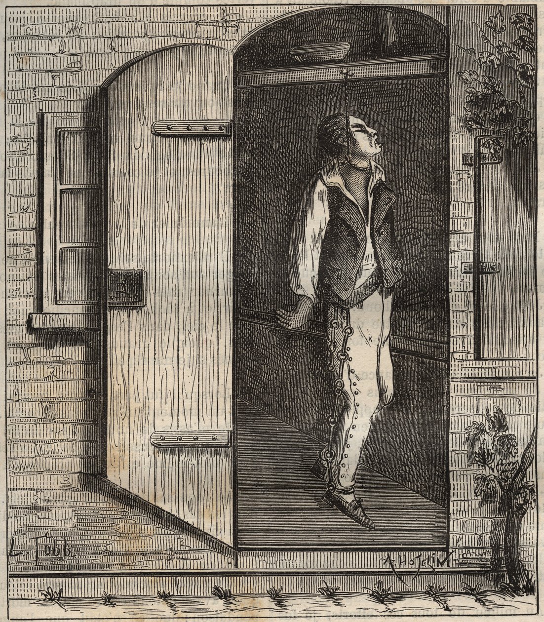 Självmord i fängelset i Rochefort 1840. Gravyr i "Historien om fängelserna från deras tillkomst till våra dagar" (1877) av Pierre Zaccone (1817-1895) (Colonia Penale - Straffkoloni). Privat samling. av Anonymous Anonymous
