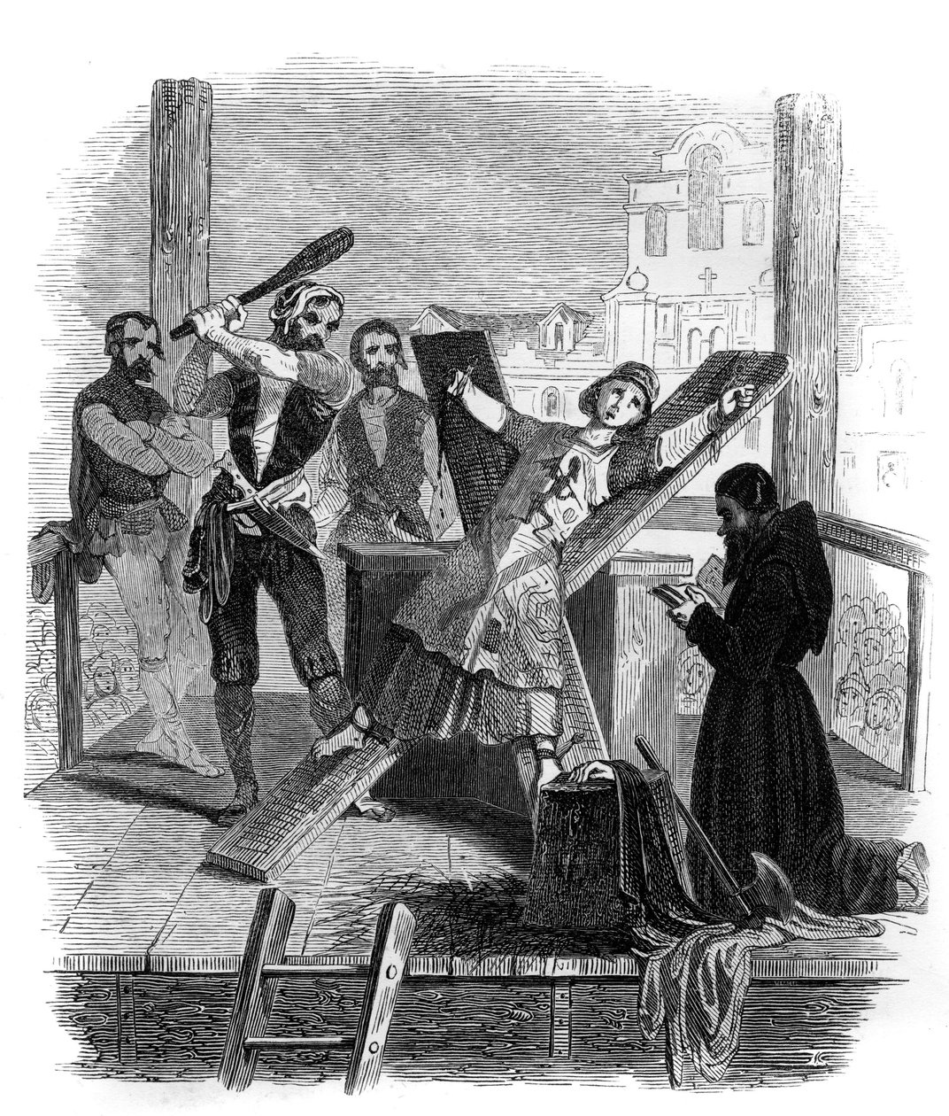 Tortyr av hjulet - Breaking wheel - illustration i "" Mysteries of the Inquisition and other Secret Societies of Spain"" Av Victor de Feral, Suberwick, Manuel Galo de Cuendias. Utgiven av P. Boizard av Anonymous Anonymous