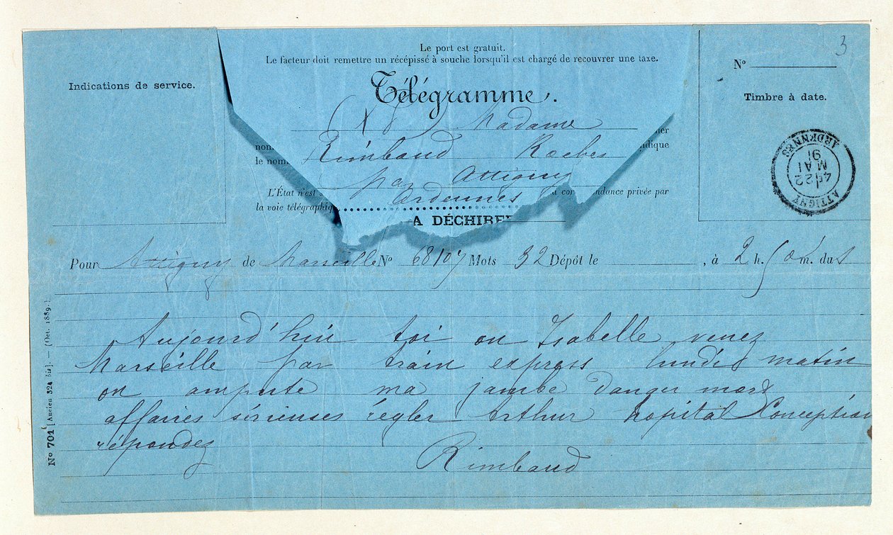 Telegram från Rimbaud till sin mor, Marseille, 22 maj av Anonymous Anonymous